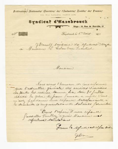 Lettre du syndicat ouvrier textile d'Hazebrouck &agrave; l'industriel M. Colombier annon&ccedil;ant un potentiel mouvement de gr&egrave;ve, 1er aout 1930.