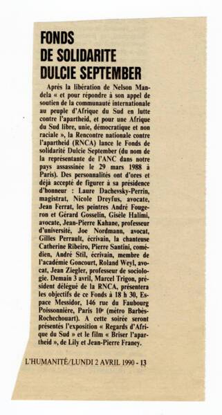 Coupure de presse sur la création du fonds de solidarité Dulcie September, L’Humanité, 2 avril 1990.