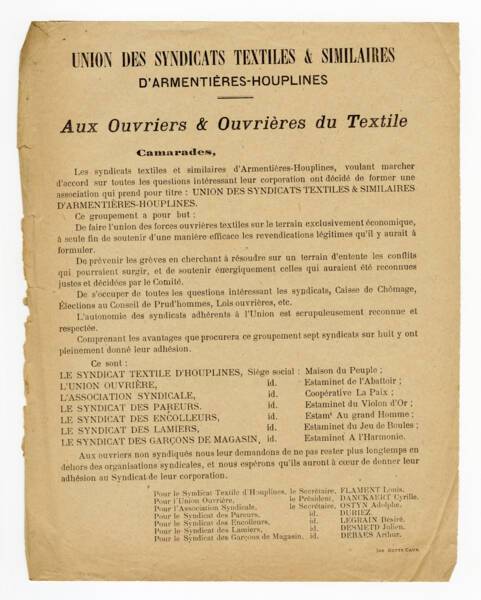 Affiche de l'union des syndicats textiles et similaires d'Armenti&egrave;res-Houplines comprenant la liste des syndicats adh&eacute;rents &agrave; ce nouveau groupement.