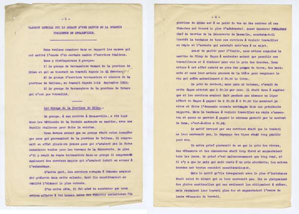 « Rapport spécial sur le départ d’une partie de la colonie italienne de Decazeville » (extraits). Document dactylographié, 1916.  ANMT 110 AQ 41. Fonds de la société minière Commentry, Fourchambault & Decazeville.