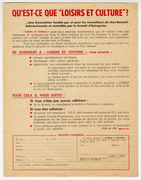 Bulletin d&rsquo;adh&eacute;sion, [vers 1960].
