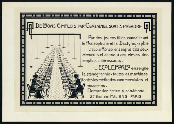 Document publicitaire pour "L’école Ronéo", 1912. ANMT 2002 6 3, Ronéo (fabricant de duplicateurs, de matériels et mobilier bureau).