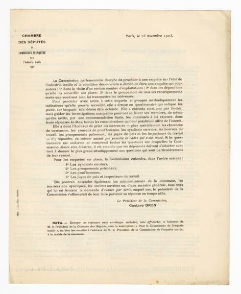 Lettre de Gustave Druon, pr&eacute;sident de la commission d'enqu&ecirc;te sur l'industrie textile, 26 novembre 1903.