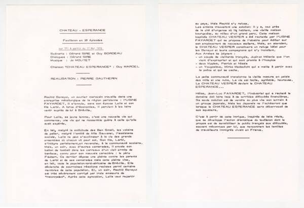 Synopsis d’un feuilleton intitulé Château Espérance. Document dactylographié, 1976. ANMT 72 AS 1012. Fonds du conseil national du patronat français.