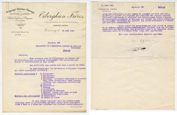 Lettre adressée par l’entreprise textile tourquennoise Tiberghien Frères au consortium de l’industrie textile de Roubaix-Tourcoing. Document dactylographié, 1933. ANMT 1996 110 342. Fonds du consortium de l’industrie textile de Roubaix-Tourcoing (et unions patronales).