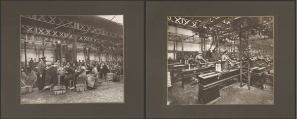 Des munitionnettes à Suresnes avant (à gauche) et après (à droite) les mesures d’Albert Thomas sur les conditions de travail dans les usines d’armement, 1915 et 1917.  FRANMT PI 41 1, Société l’Éclairage électrique