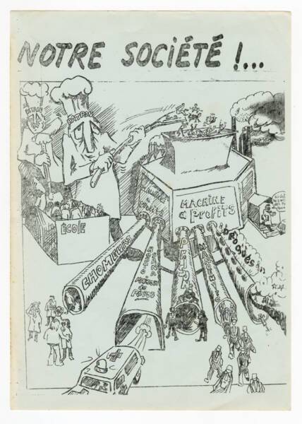 Dessin repr&eacute;sentant des patrons alimentant la &laquo; machine &agrave; profits &raquo; avec des jeunes sortis de l&rsquo;&eacute;cole, [ann&eacute;es 1970], ANMT 2003 3 275, Jeunesse ouvri&egrave;re chr&eacute;tienne (JOC) et Jeunesse ouvri&egrave;re chr&eacute;tienne f&eacute;minine (JOCF) de Roubaix-Tourcoing