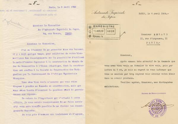 Demande de main d’œuvre japonaise à l’ambassade du Japon à Paris, correspondance, 3 et 6 avril 1928.