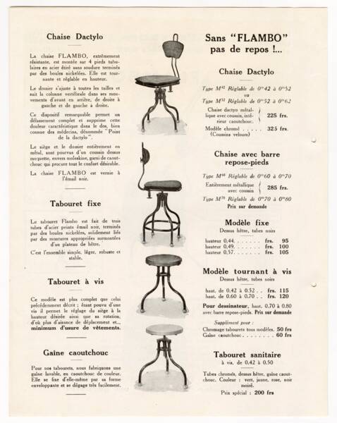 Flambo, mobiliers de bureau et matériels de classement : page de catalogue, 1930. ANMT 2002 26 35, pièces isolées sur support papier.