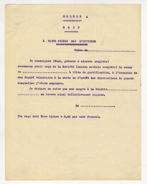 Formulaire de départ volontaire pour les femmes travaillant dans les usines d’armement  ANMT 110 AQ 41, Commentry-Fourchambault & Decazeville, compagnie métallurgique