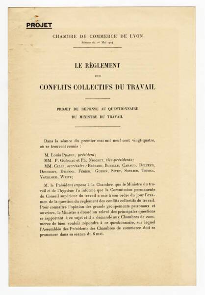 Projet de r&eacute;ponse de la Chambre de commerce de Lyon au questionnaire du ministre du travail sur le r&egrave;glement des conflits collectifs du travail, 1924.