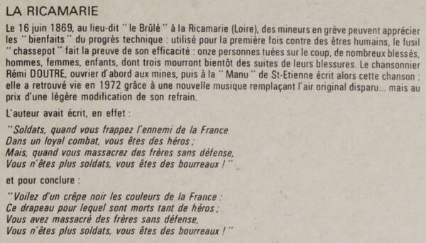 Extrait de la chanson La Ricamarie et historique de la Fusillade du Brûlé (1869) qui l’a inspirée : détail du livret d’un disque 33 tours « Cris et chants de la mine », 1980.