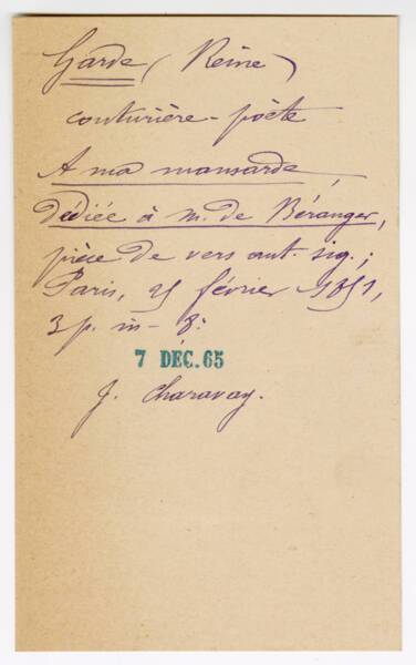 Note manuscrite de l'ethnologue Noëlle Gérôme sur Reine Garde, 1965.