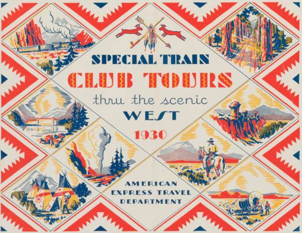 Brochure &eacute;dit&eacute;e par American Express proposant des voyages panoramiques en train dans le Nord-Ouest des &Eacute;tats-Unis au d&eacute;part de Chicago, 1930.
