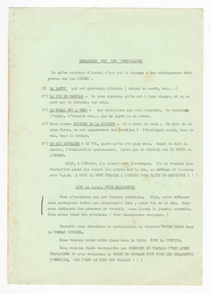 R&eacute;sum&eacute; des t&eacute;moignages et proposition d&rsquo;action de la JOC, [ann&eacute;es 1970].