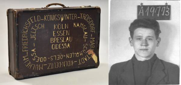 Valise de Jean Vernier, employé de l’usine Peugeot de Sochaux, gravée du nom des villes dans lesquelles il est passé lors de sa réquisition pour le STO, 1943. Photo de Jean Vernier à Troisdorf, avril 1943.