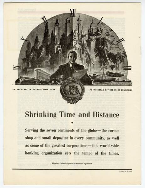 Publicit&eacute; de la puissante National City Bank de New York, qui b&eacute;n&eacute;ficiait d&rsquo;un repr&eacute;sentant au conseil d&rsquo;administration de la Northern Securities, 1938.