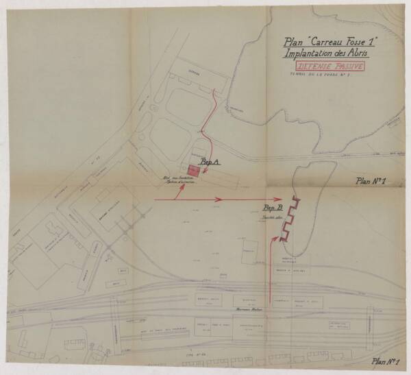 Implantation des abris sur le carreau de la fosse 1, Noeux-les-Mines (Pas-de-Calais), 1938-1939.