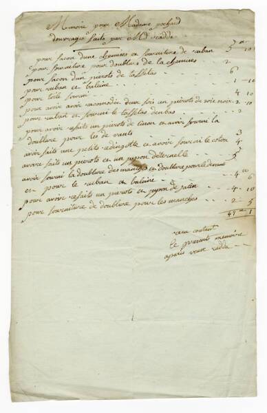 Mémoire des ouvrages réalisés par Madame Cadda pour Madame Pochard, sans date
