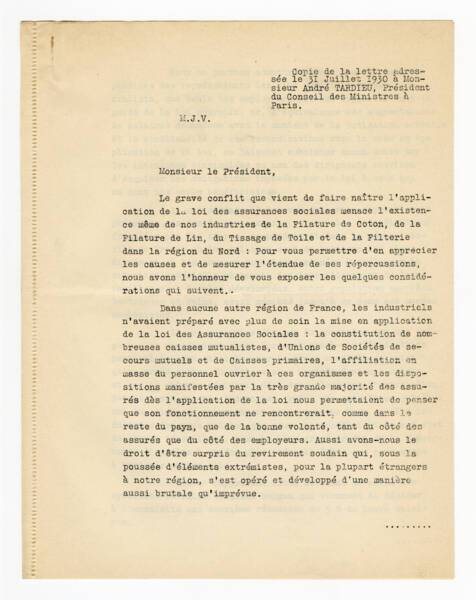 Copie d'une lettre des pr&eacute;sidents de syndicats patronaux textiles  adress&eacute;e &agrave; Monsieur Andr&eacute; Tardieu, pr&eacute;sident du Conseil des Ministres &agrave; Paris, 31 juillet 1930.