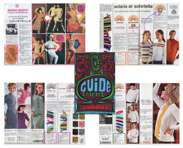 Couvertures et quatre doubles pages d’un guide de tricot des 3 Suisses, 1968.