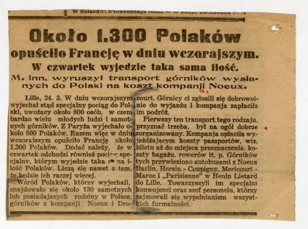 Coupure de presse extraite du journal Narodowiec. Imprimé, 1932. ANMT 1994 51 1848. Fonds de la compagnie des mines de Vicoigne, Nœux et Drocourt.