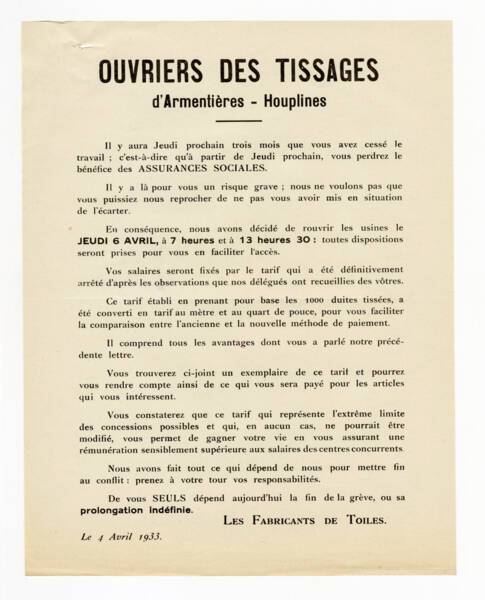Affiche pour les ouvriers des tissages d'Armenti&egrave;res-Houplines en gr&egrave;ve pour les enjoindre &agrave; reprendre le travail, 4 avril 1933.