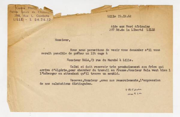 Courrier envoyé par l’ADATERéLi au centre médico-social « Petites Sœurs de l’Assomption » à Lille. Texte dactylographié, 1962. ANMT 1994 38 4. Fonds de l’association d’aide aux travailleurs migrants de la région lilloise (ADATERéLi).