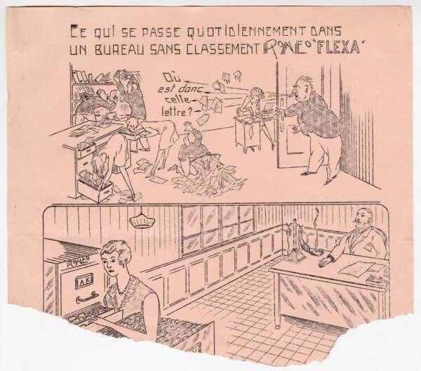 Publicité pour mobilier de rangement Ronéo "Flexa" : dessin aux bords détériorés, s.d. ANMT 2002 6 32, Ronéo (fabricant de duplicateurs, de matériels et mobilier bureau).