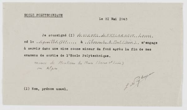 Fiche de candidature d'étudiant de l'Ecole polytechnique pour le travail au fonds des mines dans le cadre du STO, 1943.