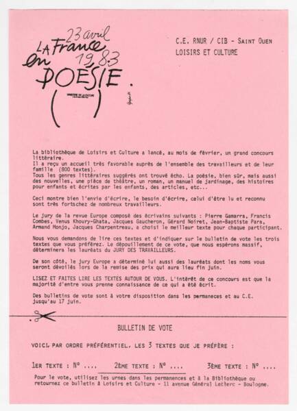 Tract et bulletin de vote du concours de poésie organisé dans le cadre de l’événement « La France en poésie », 1983.