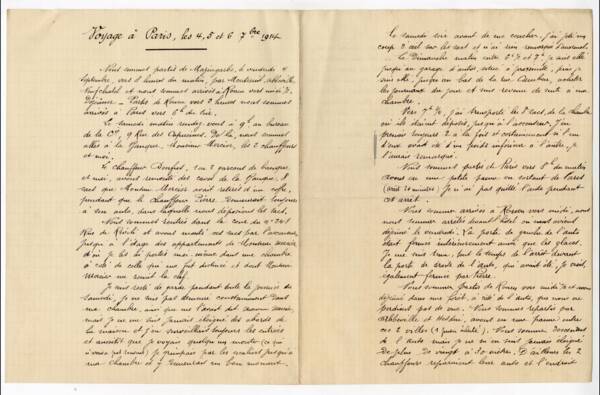 Deux pages d’un rapport sur le voyage à Paris d’employés de la Compagnie pour y déposer de l’argent à la banque, 1916.