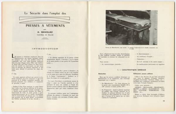 Premières pages d’un article sur « La sécurité dans l’emploi des presses à vêtements » dans Prévention et sécurité du travail, Revue trimestrielle de sécurité sociale du Nord de France, n°68, 1966.