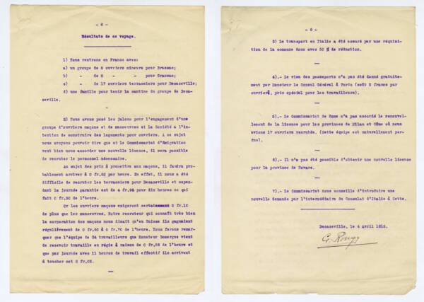 « Rapport sur le voyage dans la province de Novare (Italie) » (extraits). Document dactylographié, 1916. ANMT 110 AQ 41. Fonds Commentry, Fourchambault et Decazeville, compagnie minière.