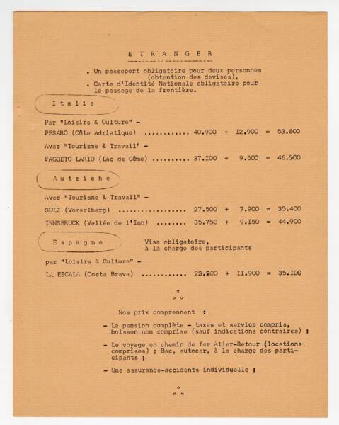 Détail des séjours à l’étranger proposés aux salariés de Renault, 1960.