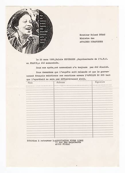 Pétition lancée par l’association « Vivre libre » pour relancer l’enquête sur le meurtre de Dulcie September, 1990.
