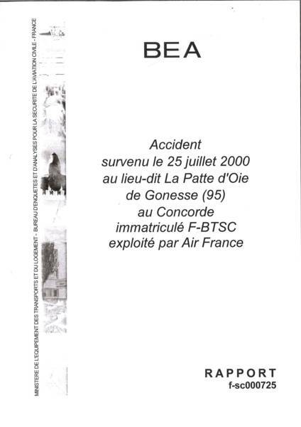 Page de garde d'un rapport sur l'accident