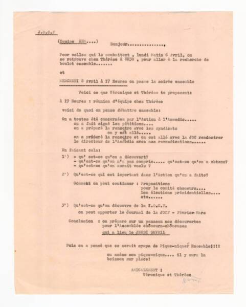 Lettre organisant une rencontre pour des jeunes ch&ocirc;meurs adh&eacute;rents &agrave; la JOC, [ann&eacute;es 1970].