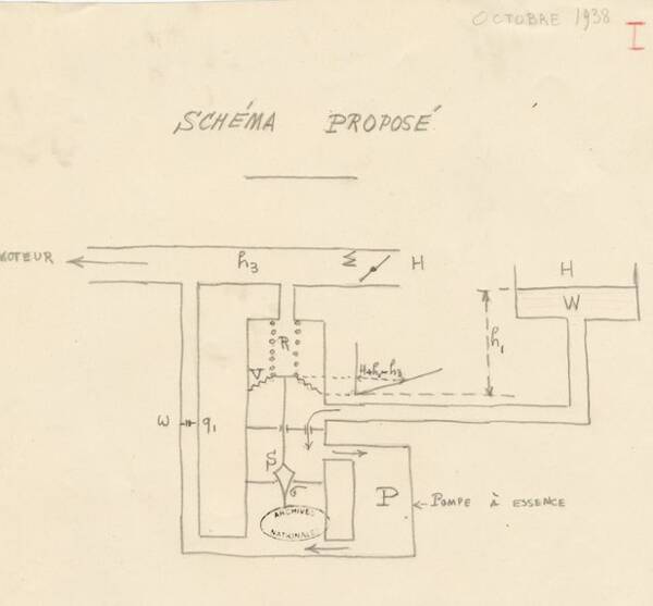 Carburateur à pompe pour moteur à explosion : croquis de W. Emilien, 1938