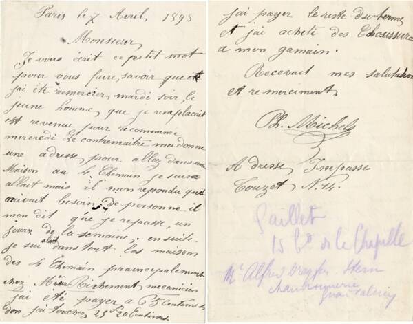 Lettre de Philippe Michels &agrave; Max Lazard du 7 avril 1898, au sujet de sa recherche d&rsquo;emploi.