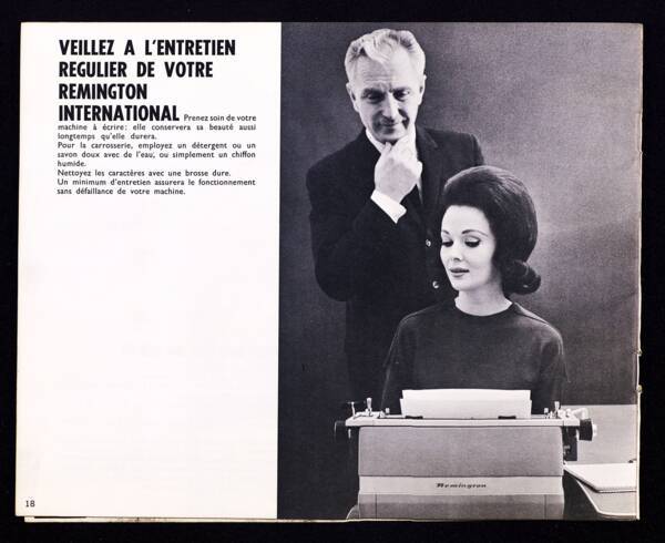 Publicité pour la machine à écrire Remington Internationale : page de catalogue Flambo,1930. ANMT 2002 26 35, pièces isolées sur support papier.