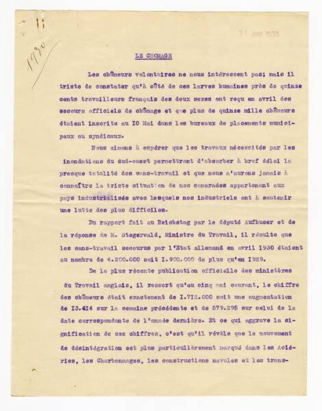 Extrait d'un article de W. Fortier sur le ch&ocirc;mage transmis au pr&eacute;sident du syndicat des fabricants de toiles d'Armenti&egrave;res, 1930.
