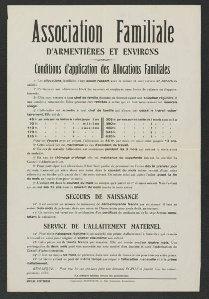 Affiche de l'Association familiale d'Armenti&egrave;res et environs rappelant les conditions d'application des allocations familiales, 1930.
