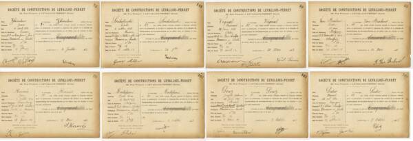 Fiches tirées du registre d’embauche des ouvriers pour les années 1911 à 1913. Documents imprimés complétés à la main. ANMT 152 AQ 11. Fonds Eiffel, société de construction.